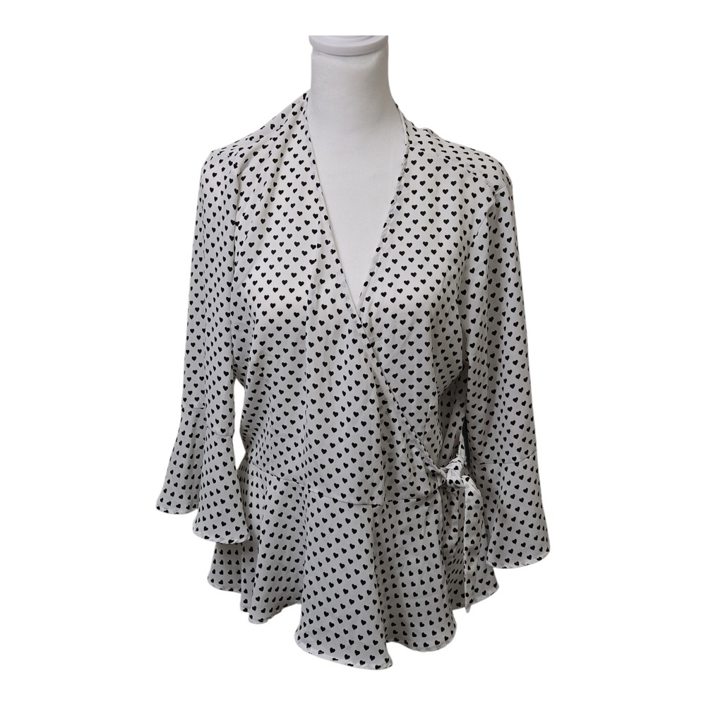 Candies Womens Wrap Top Black Heart Print Flounce Sleeve XL White‎ Chic Y2K
